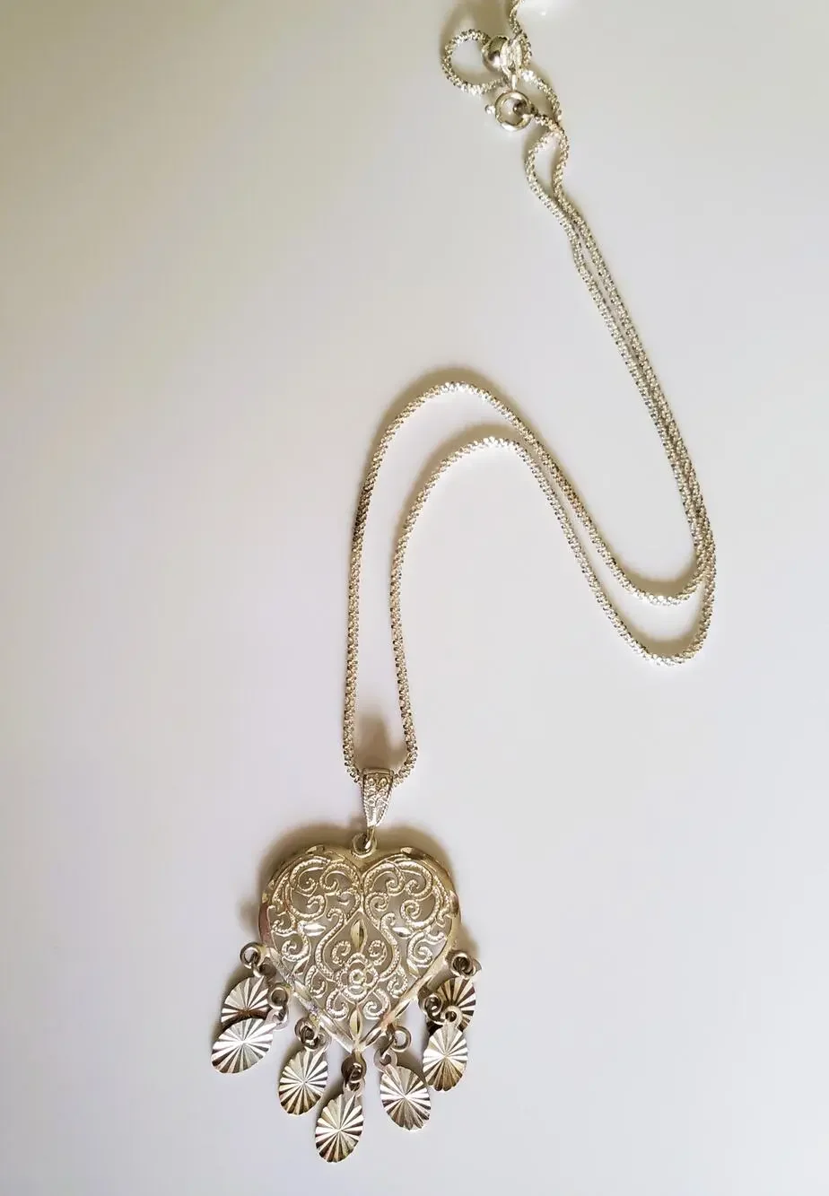 Vintage Diamond Etched Sterling Silver Heart Necklace